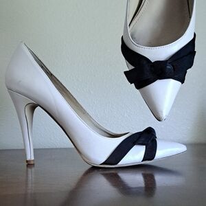 Cream Leather Heels with Black Bow
